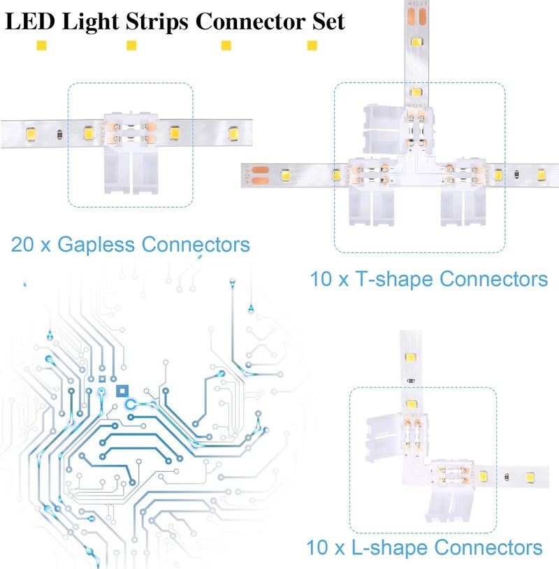 Mudder 40 Pieces 2 Pin LED Strip Connectors Lights Connector T Shape l Shape Gapless Solderless LED Adapter Light Extension for 3528 2835 SMD RGB Strip (8 Mm) - Image 4